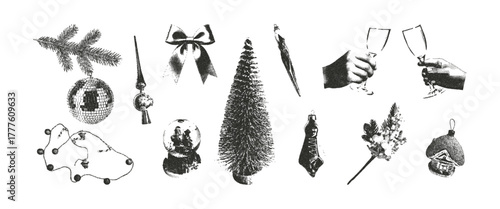 Stipple Christmas elements in retro art. Stickers with trendy elements for collages. Retro photocopy vector Christmas ball, fir tree, disco ball, garland, hands with a glass on transparent background.