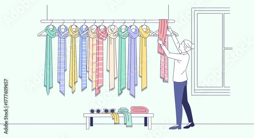 Wardrobe Fashion Organizer With Colorful Scarves Choosing Outfit