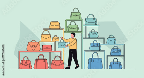 Fashionable Boutique: Man Shopping For Stylish Handbags On Display
