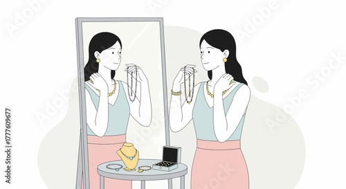 Woman Admiring Jewelry In Mirror Elegant Minimalist Style Illustration