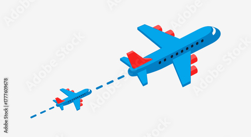 Two blue airplanes flying in the sky with a dashed line connecting them.
