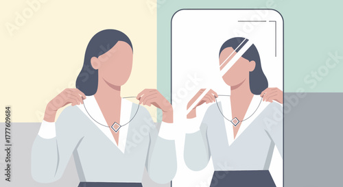 Woman Admiring Necklace Reflection In The Mirror, Vector Illustration