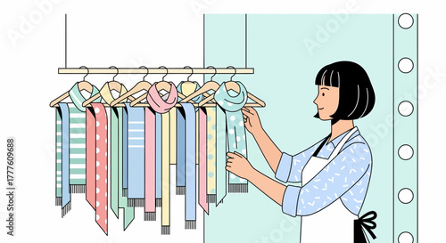 Woman Arranging Scarves Collection On Clothing Rack In Boutique