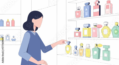 Woman Choosing Perfume Bottle From Shelf In Boutique Store