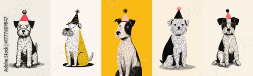 Adorable doodle illustration of dogs wearing colorful party hats for birthday celebration and greeting design