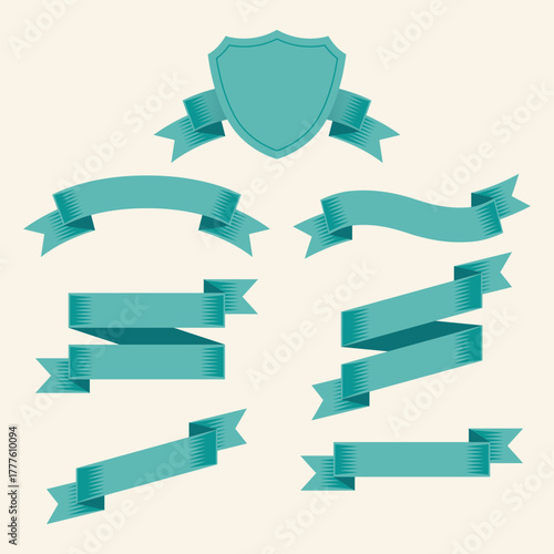 A collection of six flat-style, teal or turquoise ribbon banners and scrolls. Use these blank, flowing ribbons for festive, decorative, or announcement. Isolated vector illustration.