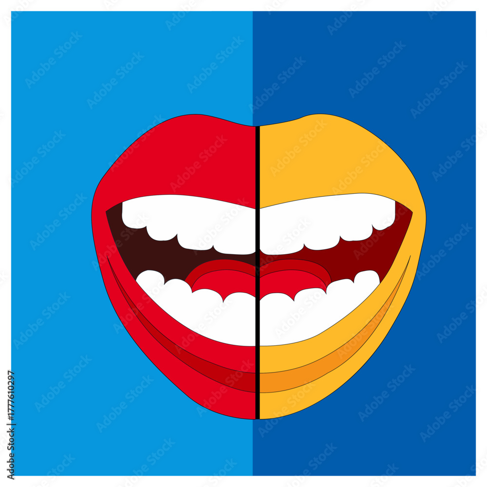 Obraz premium Colourful Mouth Illustration with Red and Yellow Lips on Blue Background