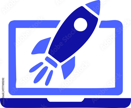 Dynamic rocket launching from laptop screen symbolizing rapid business growth, innovation, and digital success