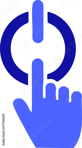 Dynamic hand icon presses power button symbol initiating technology startup or digital activation for modern concepts and innovation