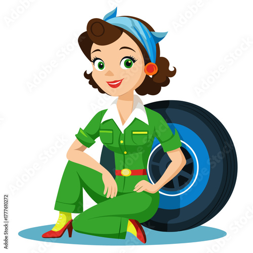 Woman Mechanic Sitting Beside Car Tire