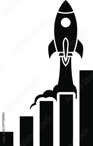 Dynamic illustration of a rocket launching from a rising bar chart, symbolizing rapid business growth, startup success, and financial market acceleration