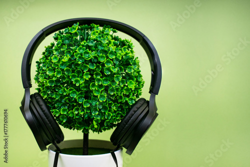 Green plant with headphones close-up on green background. Sounds of nature, photos with an ecological concept.