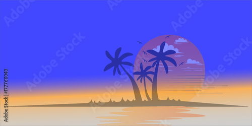 Scenery beach at sunset with sun and palm silhouette vector.