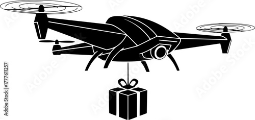Drone Delivery Silhouette Vector Icon. Modern Automated Service, E-commerce, Logistics, and Technology Icon.