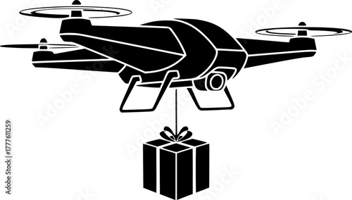 Drone Delivery Silhouette Vector Icon. Modern Automated Service, E-commerce, Logistics, and Technology Icon.