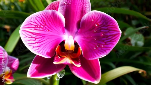 Vibrant Pink Orchid with Dewdrops in Lush Botanical Setting for Nature Design