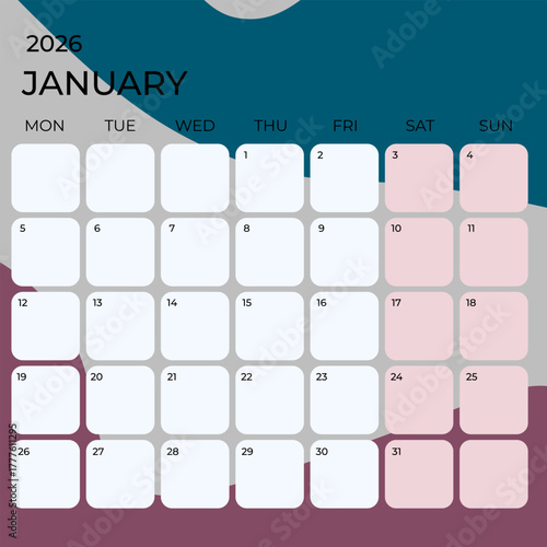Modern Abstract January 2026 Calendar Template