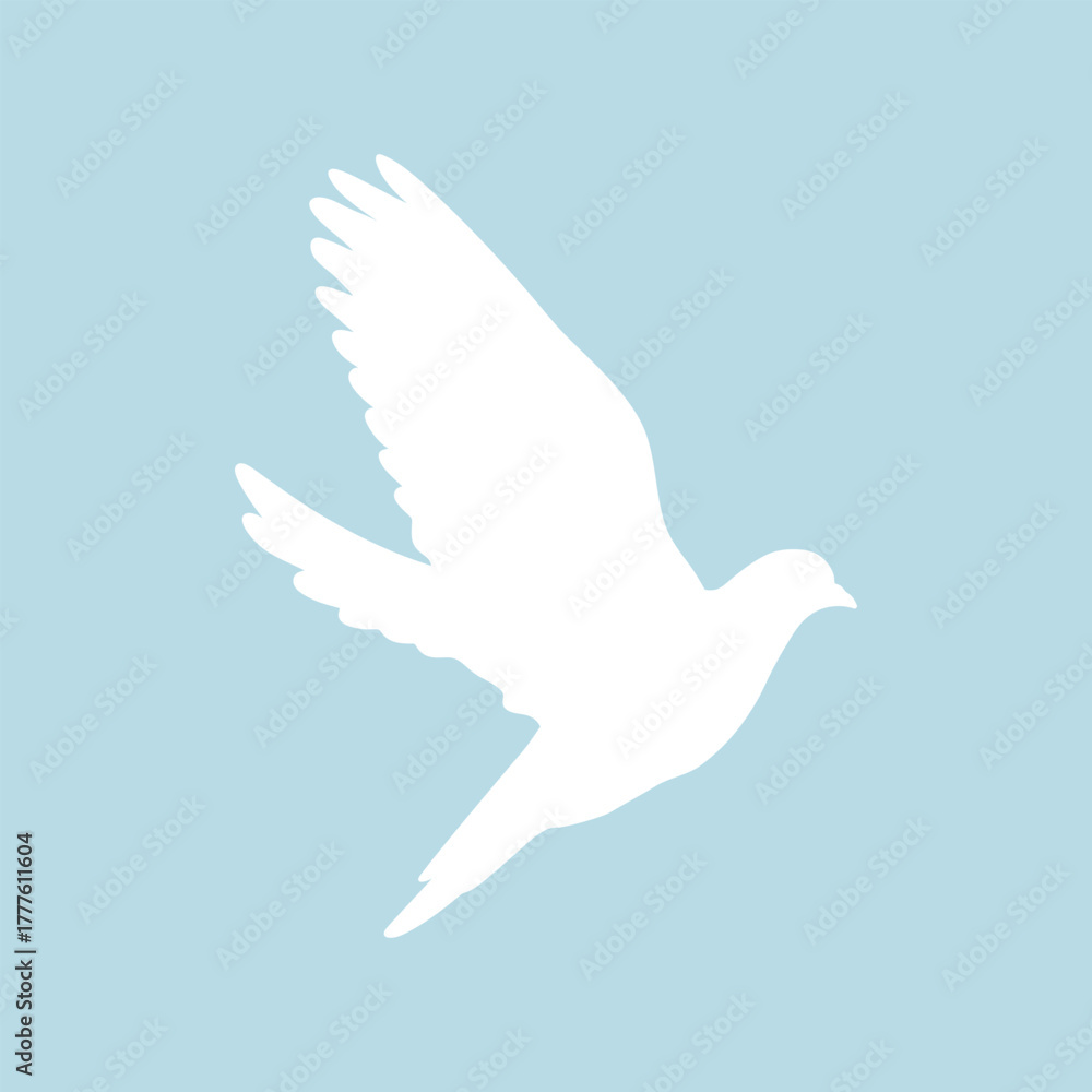 Fototapeta premium White flying dove silhouette on blue background. Symbol of peace. Vector illustration