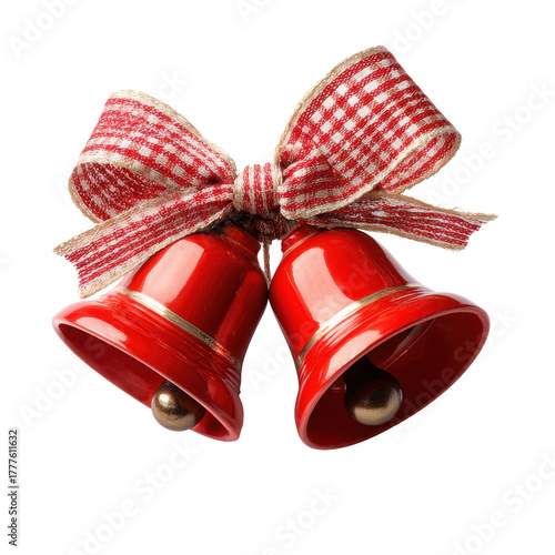 Festive red Christmas bells with a decorative bow against a black background