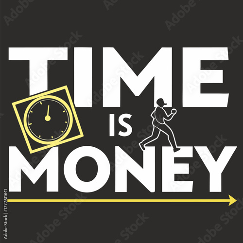 Illustration of time is money concept with clock runner and arrow line