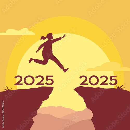 Silhouette of a woman jumping over a gap between cliffs labeled 2025