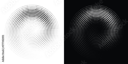 Halftone Circular Dot Pattern. Circle Frame using Halftone Dots Texture. Polka Dots. Spiral logo. Radial design element. Vector