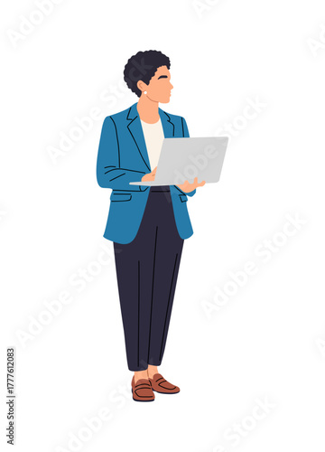 Vector illustration of a confident businesswoman standing with a laptop in hand. Professional female character in a blue blazer and dark pants on transparent background, modern flat design