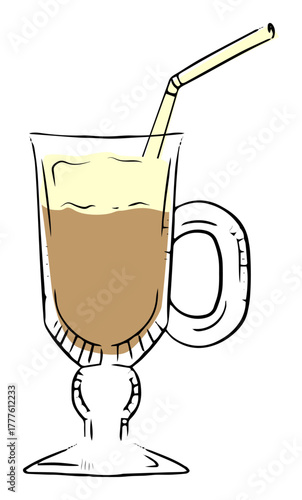 Illustration of a coffee cocktail served in a transparent elegant glass with a straw on white background.