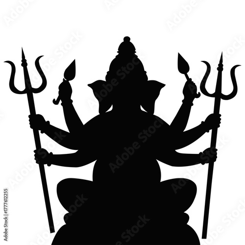 Deity Silhouette with Tridents and Multiple Arms. Spiritual Symbol and Traditional Cultural Belief Representation