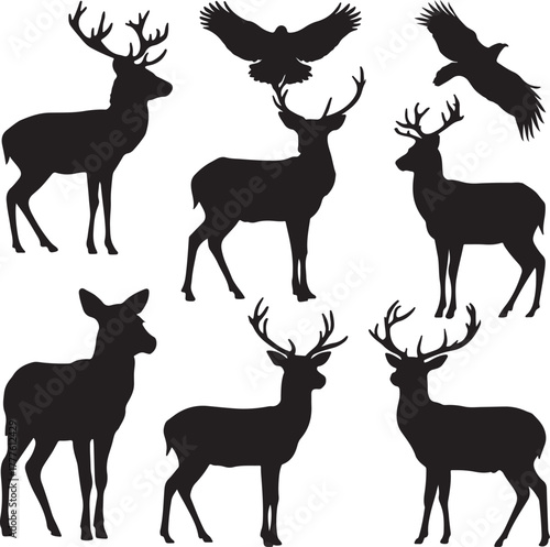 Collection of black silhouettes of deer and eagles on a white background stag fawn