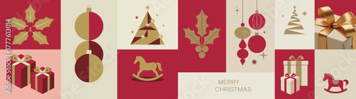 Christmas Holiday Icons Set with Gifts, Ornaments, Trees, and Decorations