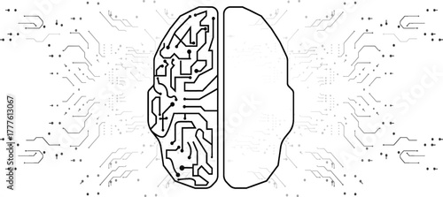 Creative representation of a brain combining human and digital elements showcasing technology and artificial intelligence