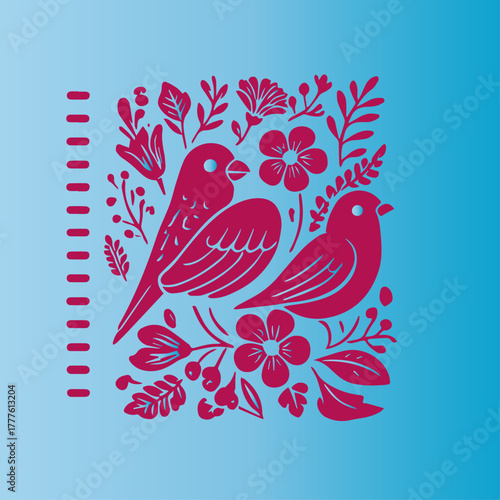 Folk art illustration of two birds and flowers, red and blue, representing spring and love