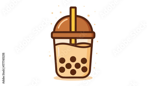 Cute cartoon bubble tea drink with tapioca pearls and straw
