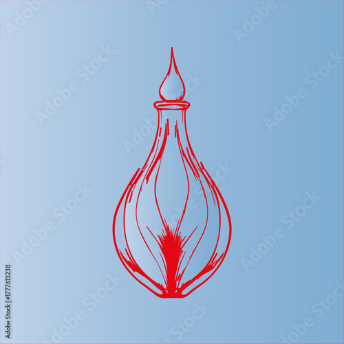 Stylized perfume bottle illustration, red and blue, representing an exotic fragrance or magic potion