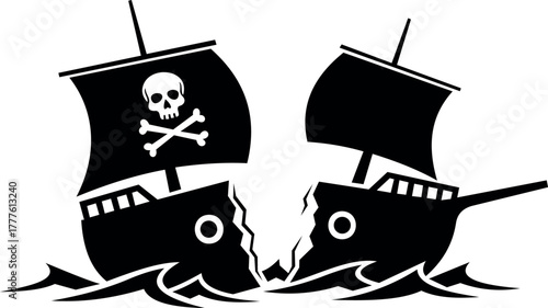 Broken pirate ship with skull and crossbones flag in the sea, symbolizing disaster and defeat