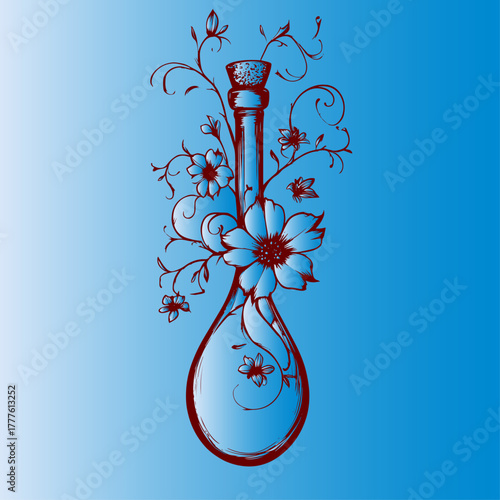 Romantic love potion bottle with floral vines, red and blue, for fantasy or Valentine's themes
