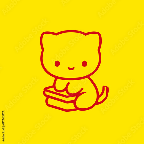 Cute cartoon kitten icon with books, red and yellow, representing studying or reading