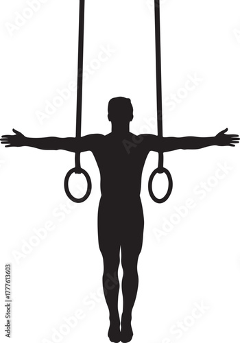 Silhouette of a male gymnast performing on rings with arms outstretched on a white background vector