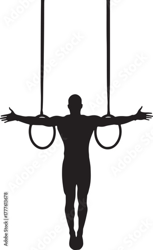 Silhouette of a male gymnast suspended from gymnastic rings with arms outstretched in a wide pose on a white background
