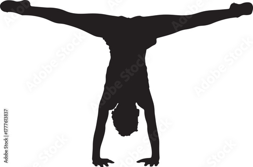 Silhouette of a person performing a handstand with legs spread wide in aT-shape on a white background