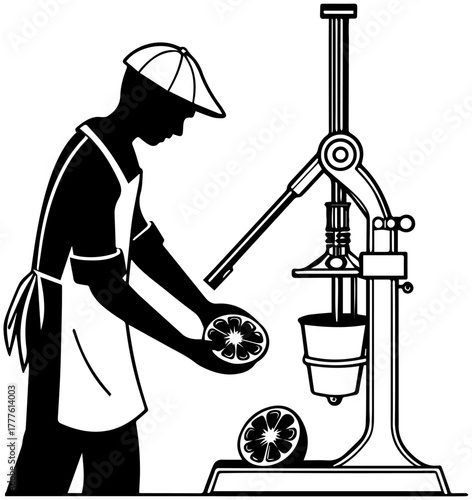 Juice Press Operation – Black and White Village Work Vector