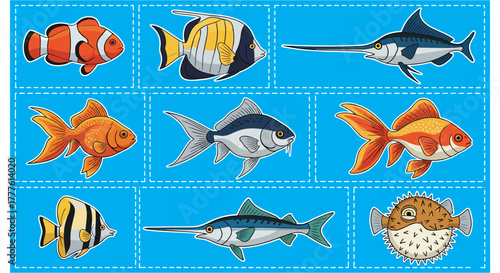 Set of sea animals and fish vector icons