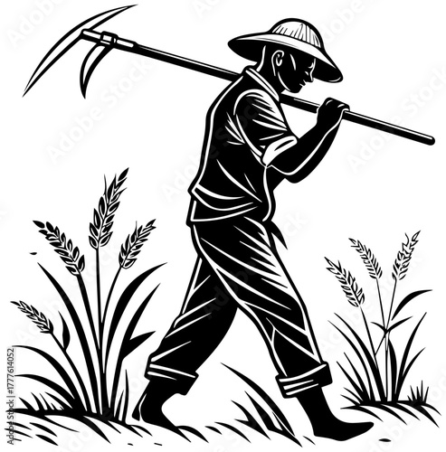 Crop Harvest with Sickle – Black and White Village Farming Vector
