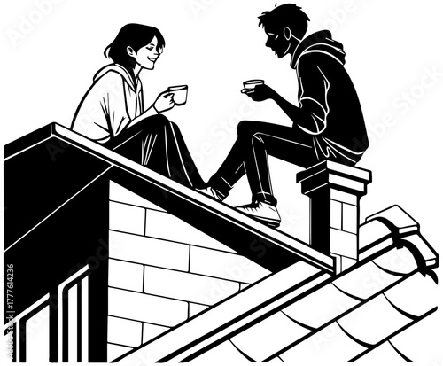 Rooftop Chat Silhouette – Village Life Scene