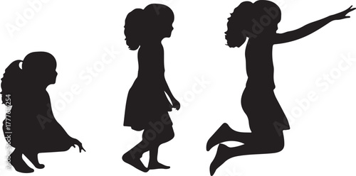 Three Black Silhouettes of a Young Girl in Different Poses on a White Background child jumping