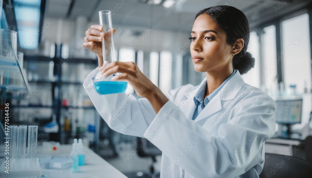 Fototapeta premium Scientist Analyzing Blue Liquid in Modern Laboratory – Biotechnology and Medical Research Concept