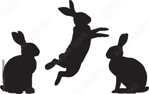 Three Black Silhouettes of Rabbits in Different Poses on a White Background bunny animal