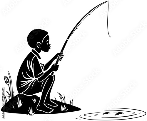 Child Fishing – Black and White Village Leisure Vector