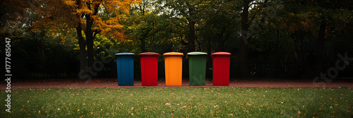Color Coded Recycling Bins in Park during Autumn